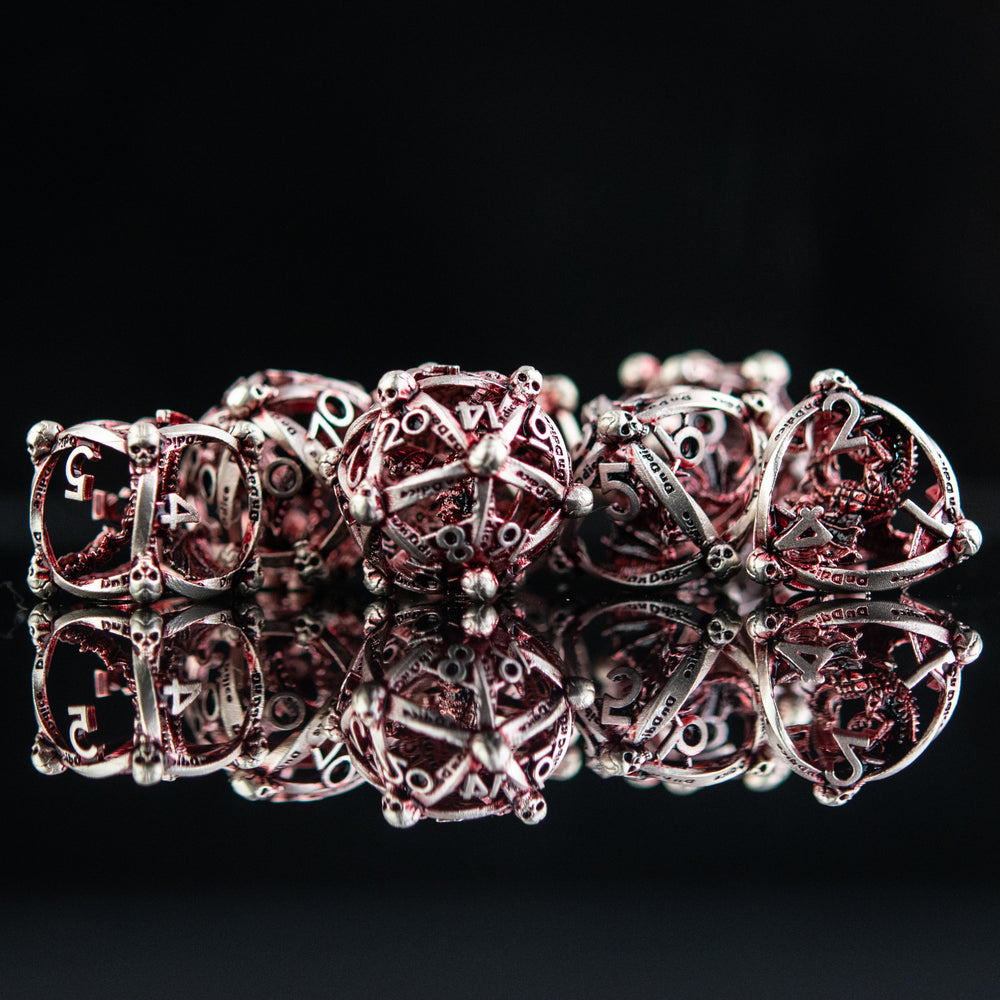 Misty Mountain Gaming Draco Immortui Hollow Metal Dice Set, Red and Silver