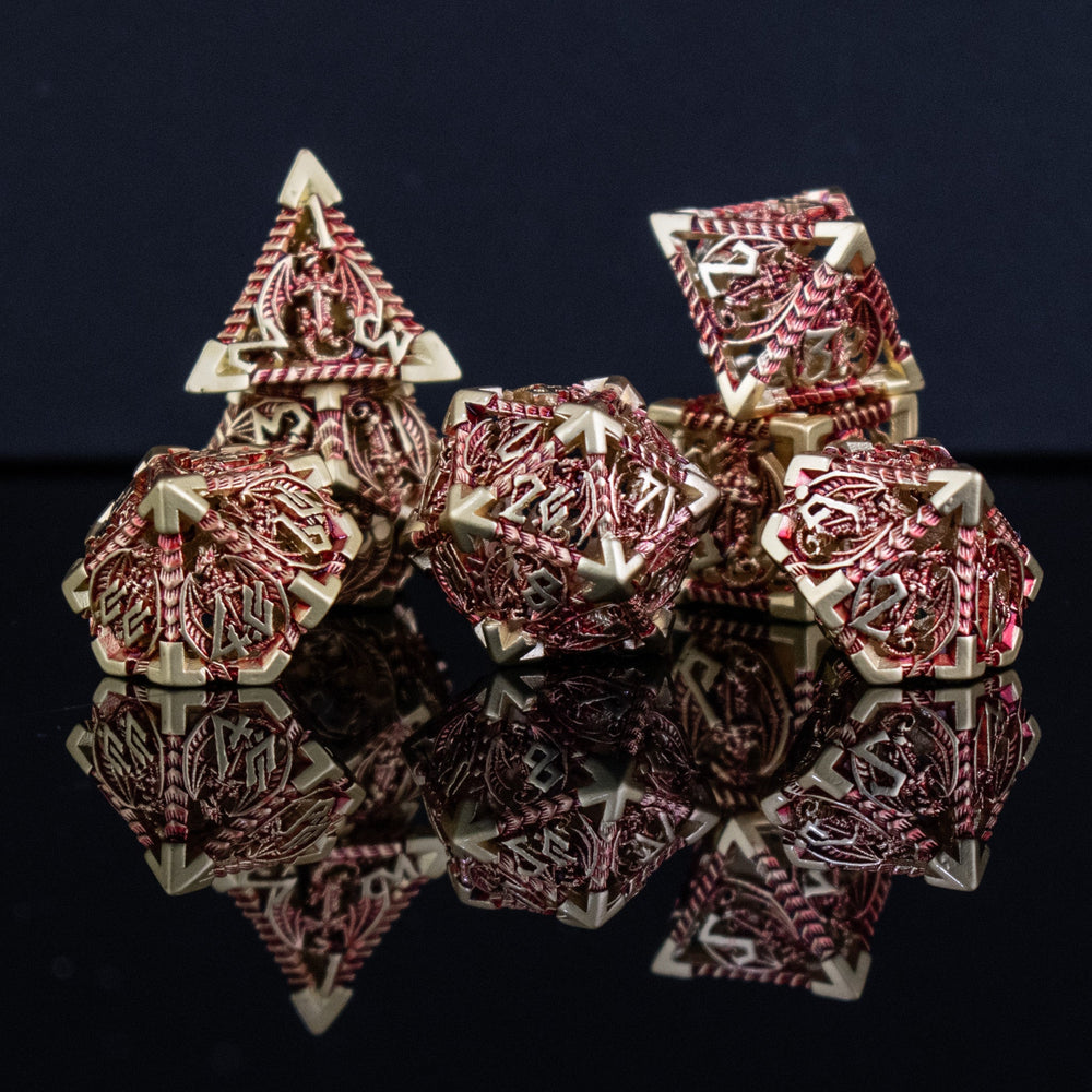 Misty Mountain Gaming Dragonguard Hollow Metal Dice Set, Crimson and Gold