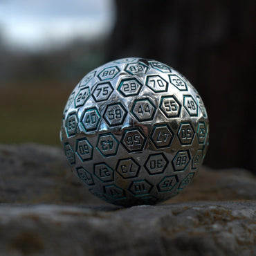 Misty Mountain Gaming The Orb D100 Aqua and Silver Metal Die