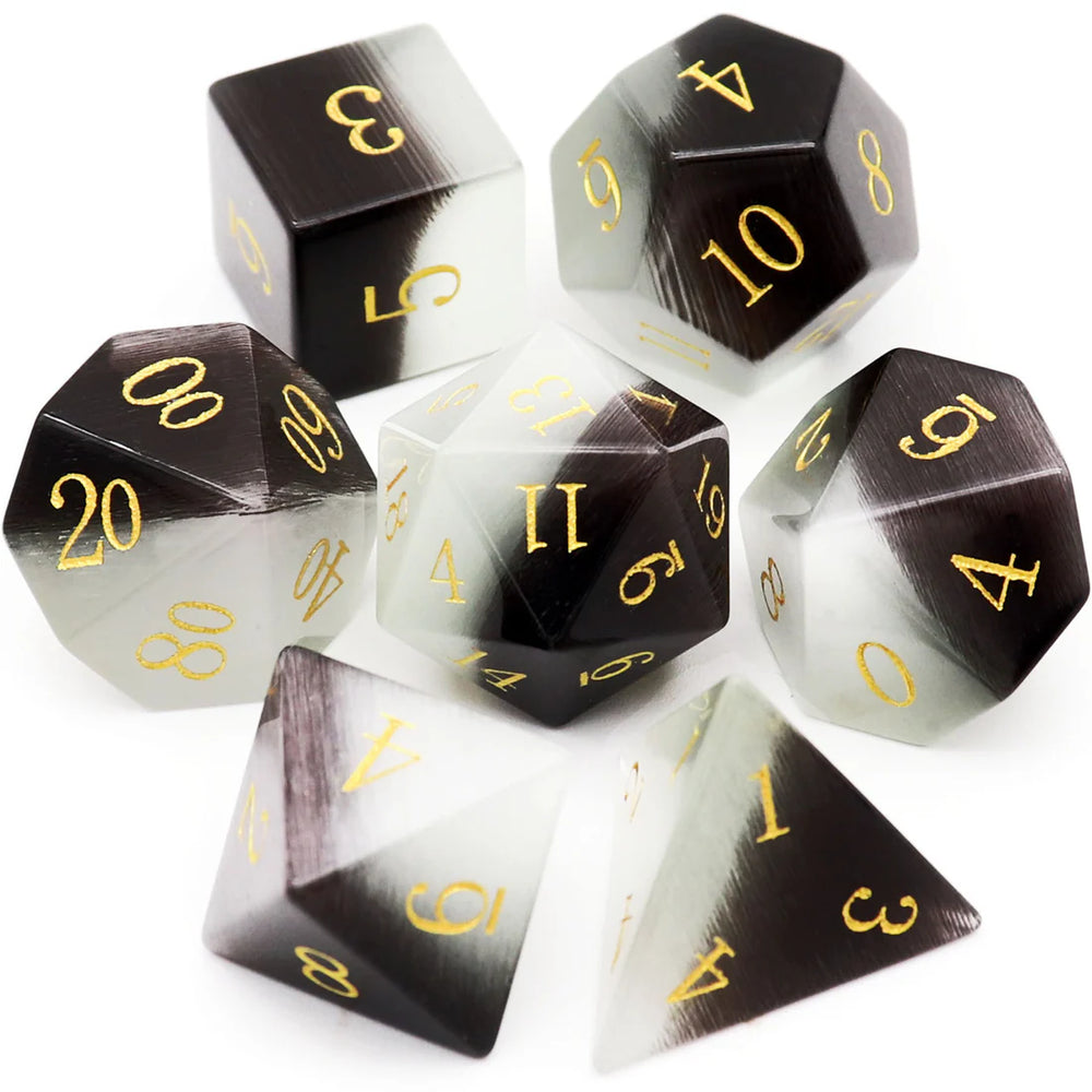 Gemstone Dice, Black White Cat Eye Gold Numbers