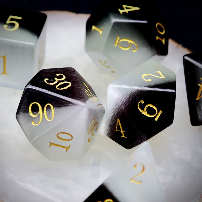 Gemstone Dice, Black White Cat Eye Gold Numbers