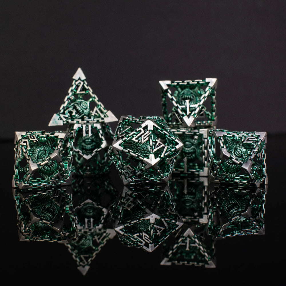 Misty Mountain Gaming Beholder's Gates Hollow Metal Dice Set Green & Silver