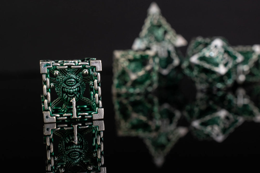 Misty Mountain Gaming Beholder's Gates Hollow Metal Dice Set Green & Silver