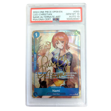 One Piece TCG Signed Luci Christian Nami Card Graded OP09-050R