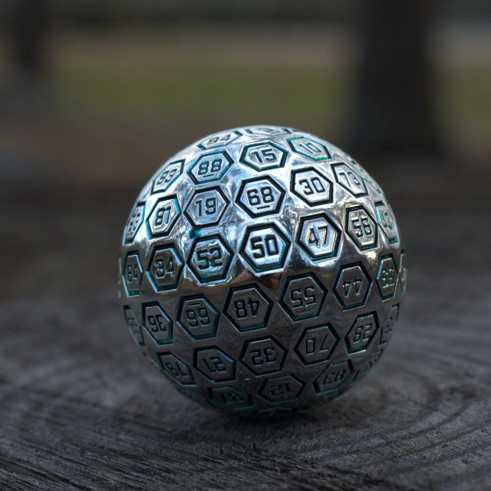 Misty Mountain Gaming The Orb D100 Aqua and Silver Metal Die