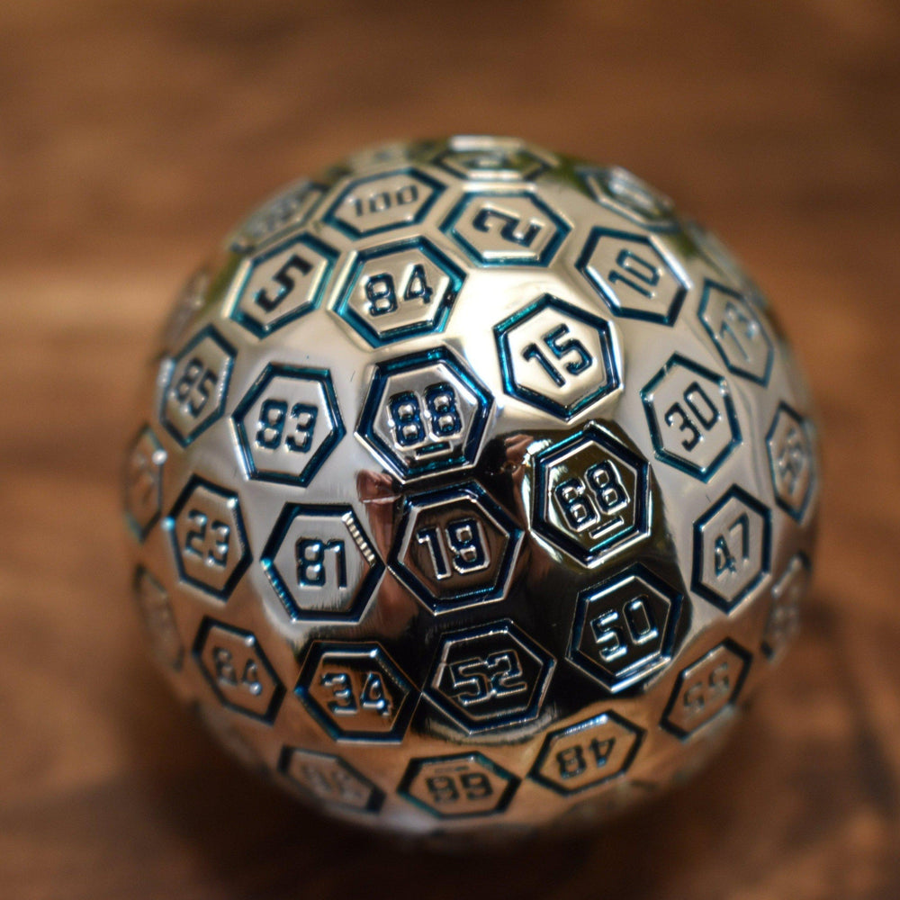Misty Mountain Gaming The Orb D100 Aqua and Silver Metal Die